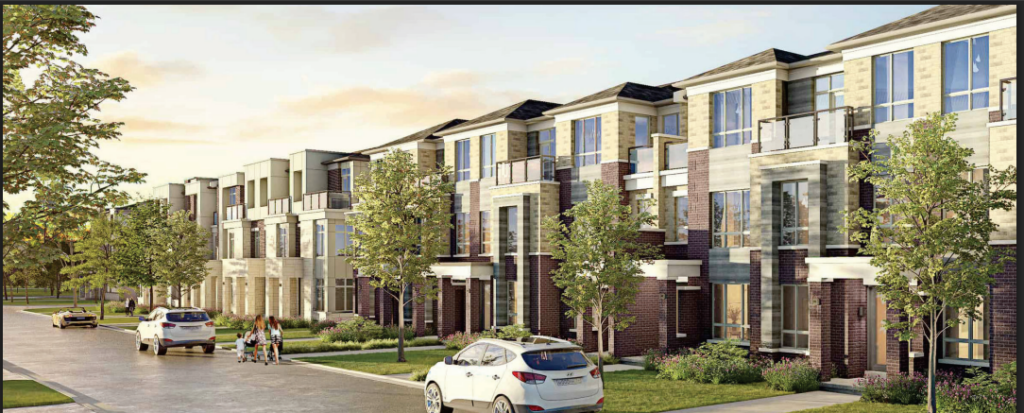 Exterior rendering of Lions Valley by Caivan contemporary towns and single-family homes in North Oakville, Ontario.